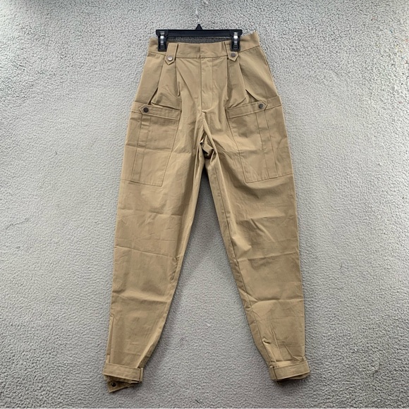 Gentle-Herd Pants NWOT Khaki Beige Pleated Tapered Stretch Cargo Ankle Strap S - Picture 1 of 12
